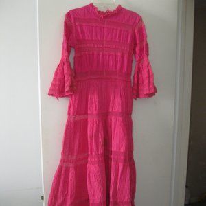 SIZE 6 Vintage '70's PINK Tomacelli Cotton, lace, pleated, ruffle dress